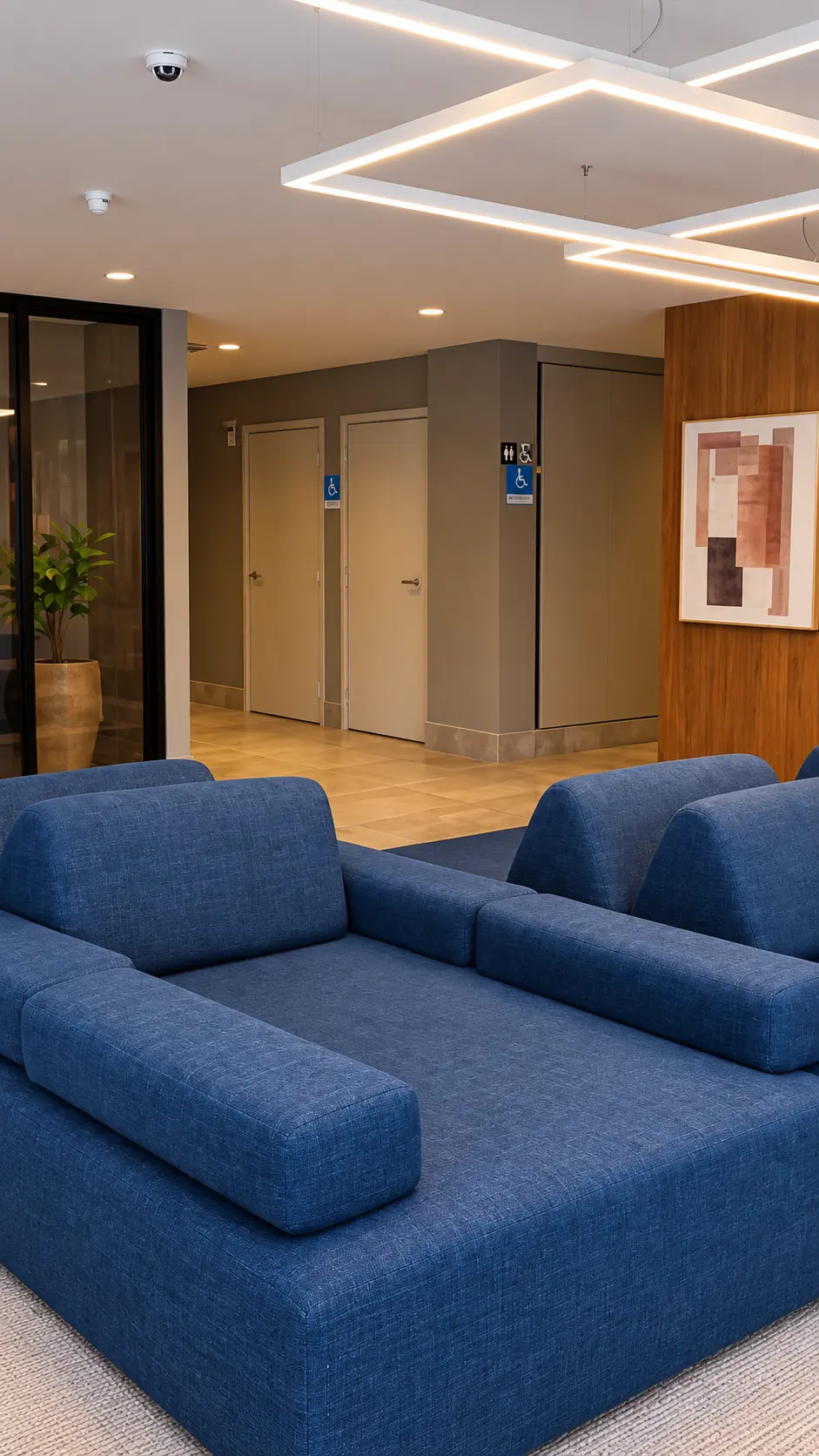 Lounge com sofás azuis e iluminação moderna no ALDEA Vale do Sereno pronto para morar