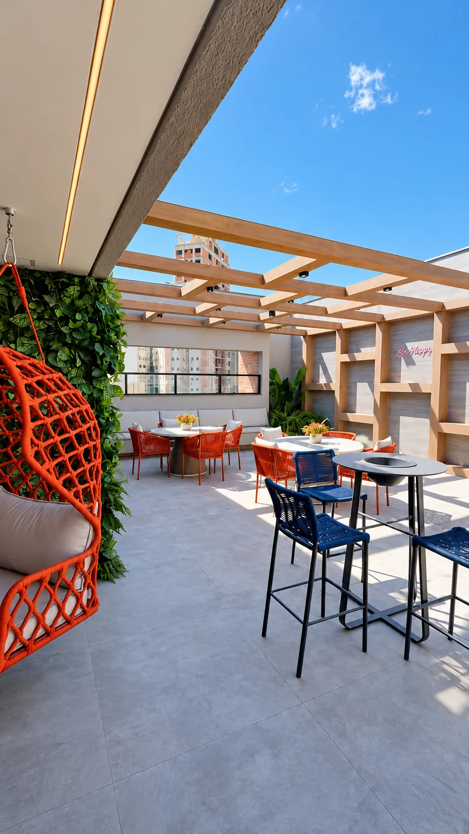Rooftop com pergolado, jardim vertical e lounge externo do ALDEA Bias Fortes pronto para morar, Lourdes, Belo Horizonte
