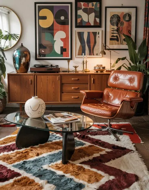 Quadros na parede, que trazem elementos bem destacados, quanto no tapete que combina textura (peluciada) e desenhos geométricos bastante chamativos. Inspirações de decoração maximalista para apartamentos