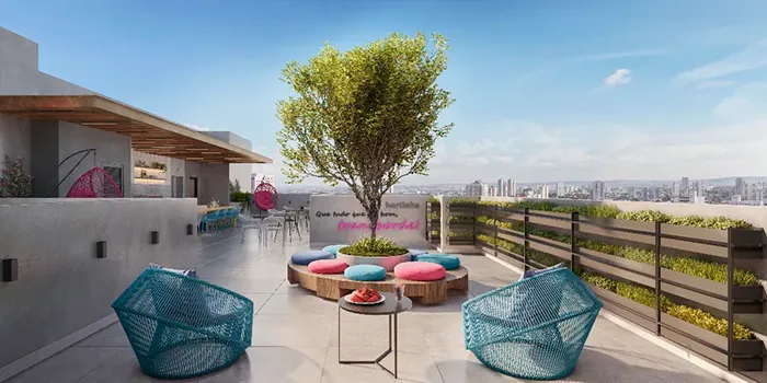 Rooftop do ALDEA Contorno com hortinha e área de convivência