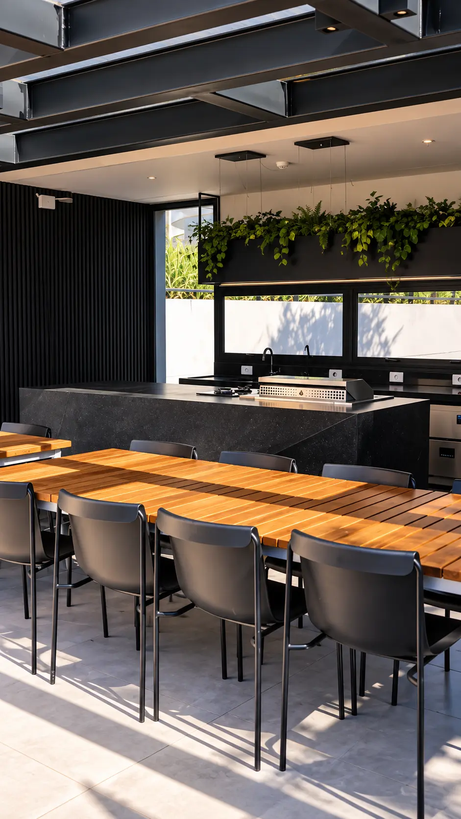 Espaço gourmet externo com churrasqueira e mesa de madeira no ALDEA Vale do Sereno pronto para morar