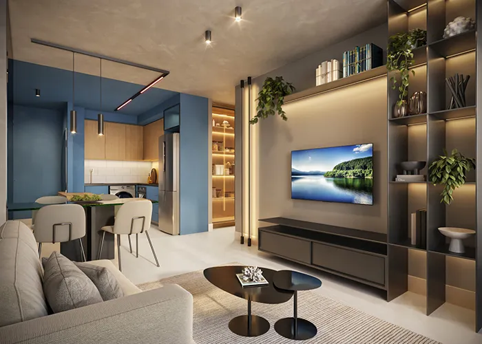 Sala integrada à cozinha em apartamento decorado, ideal para avaliar a planta antes de comprar