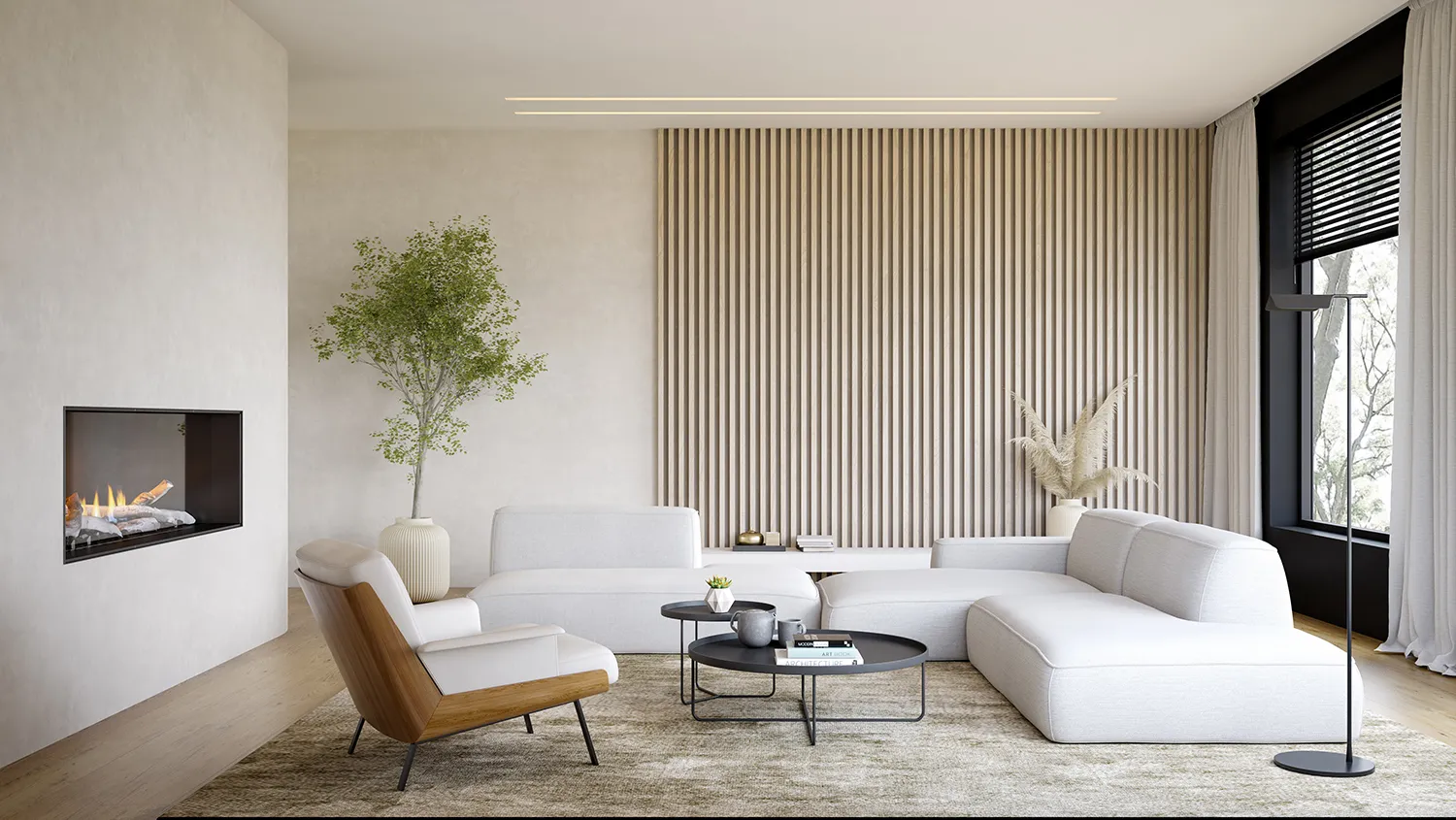 Sala de estar com mesa de centro redonda, sofá claro e decoração minimalista