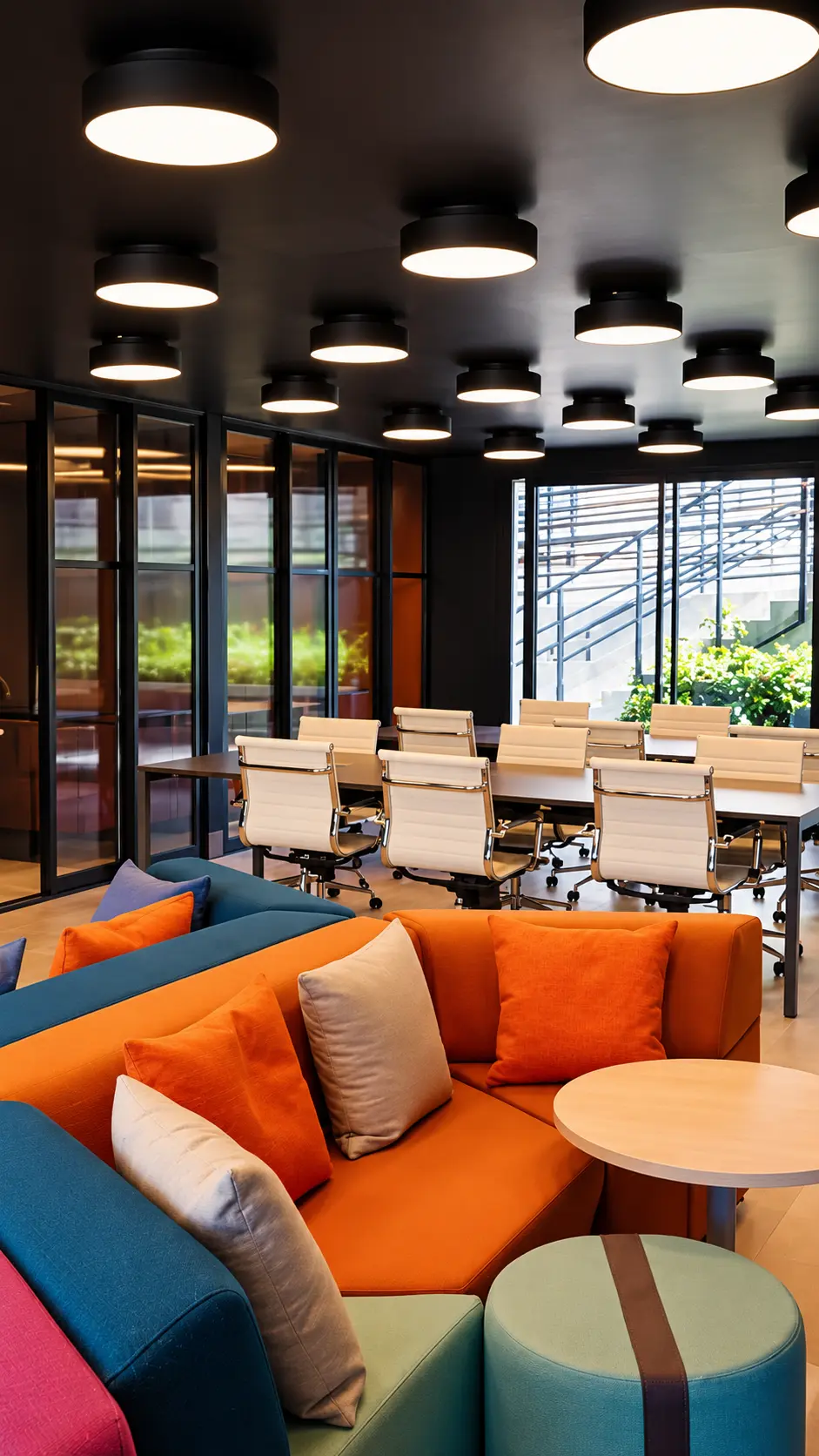 Coworking com mesa de reuniões e sofás coloridos no ALDEA Vale do Sereno pronto para morar