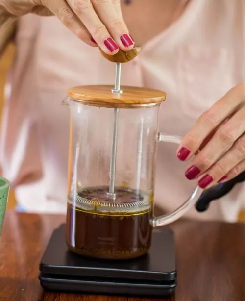 Preparo de um café especial na prensa francesa, Prensa francesa.