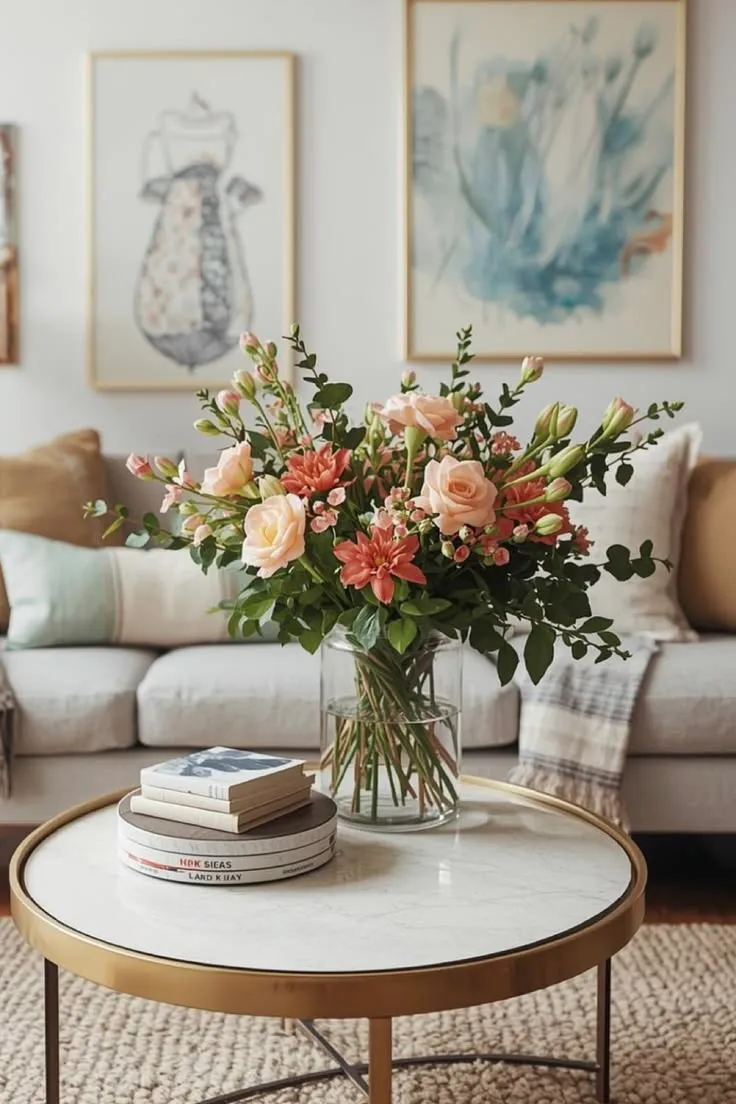Mesa de centro redonda com vaso de flores e folhagens em apartamento