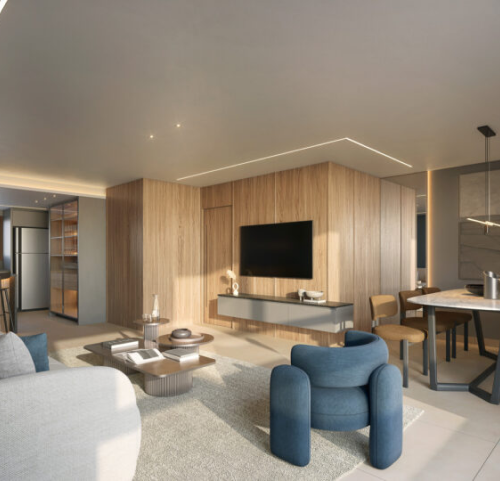 Perspectiva artística do living do apartamento do Metallo. 