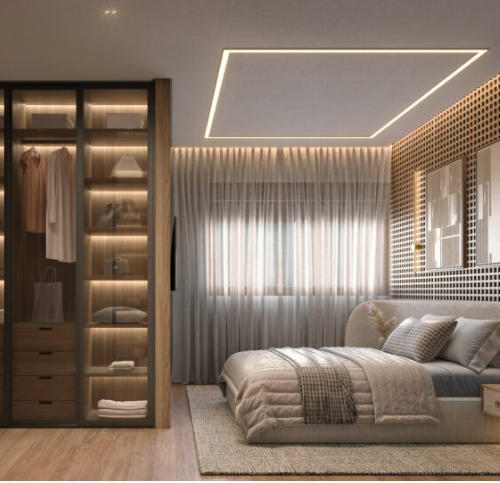 Perspectiva artística da suíte master do apartamento Metallo. 