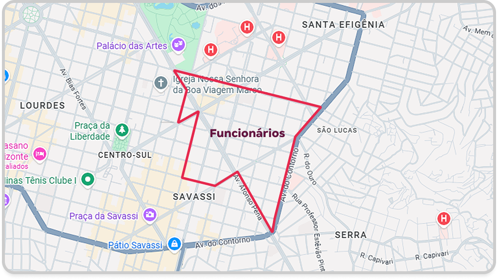 Mapa do Google Maps indicando onde fica o bairro Funcionários