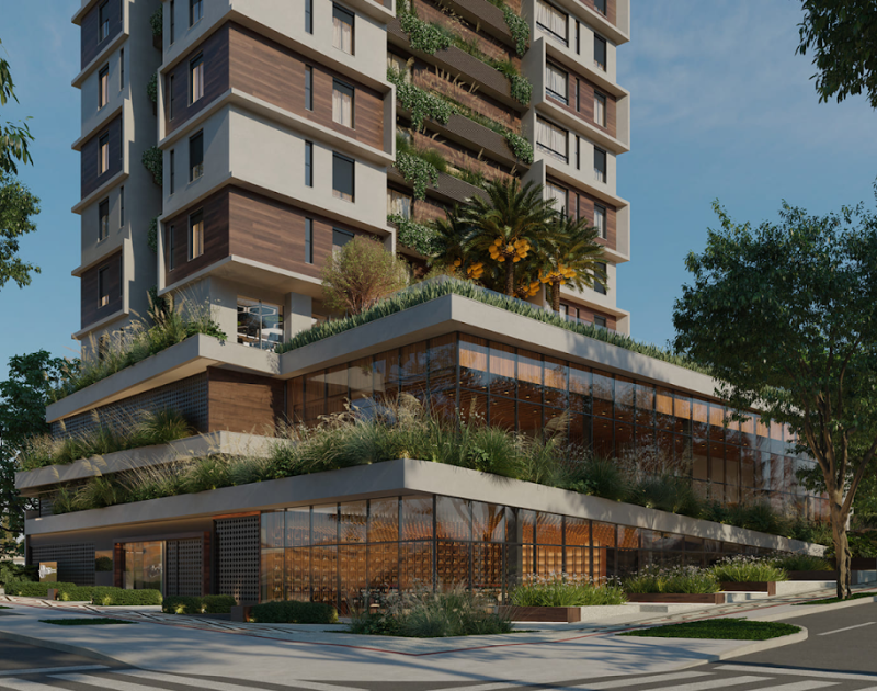 Fachada contemporânea do empreendimento Bios da Construtora Sudoeste no bairro Funcionários.