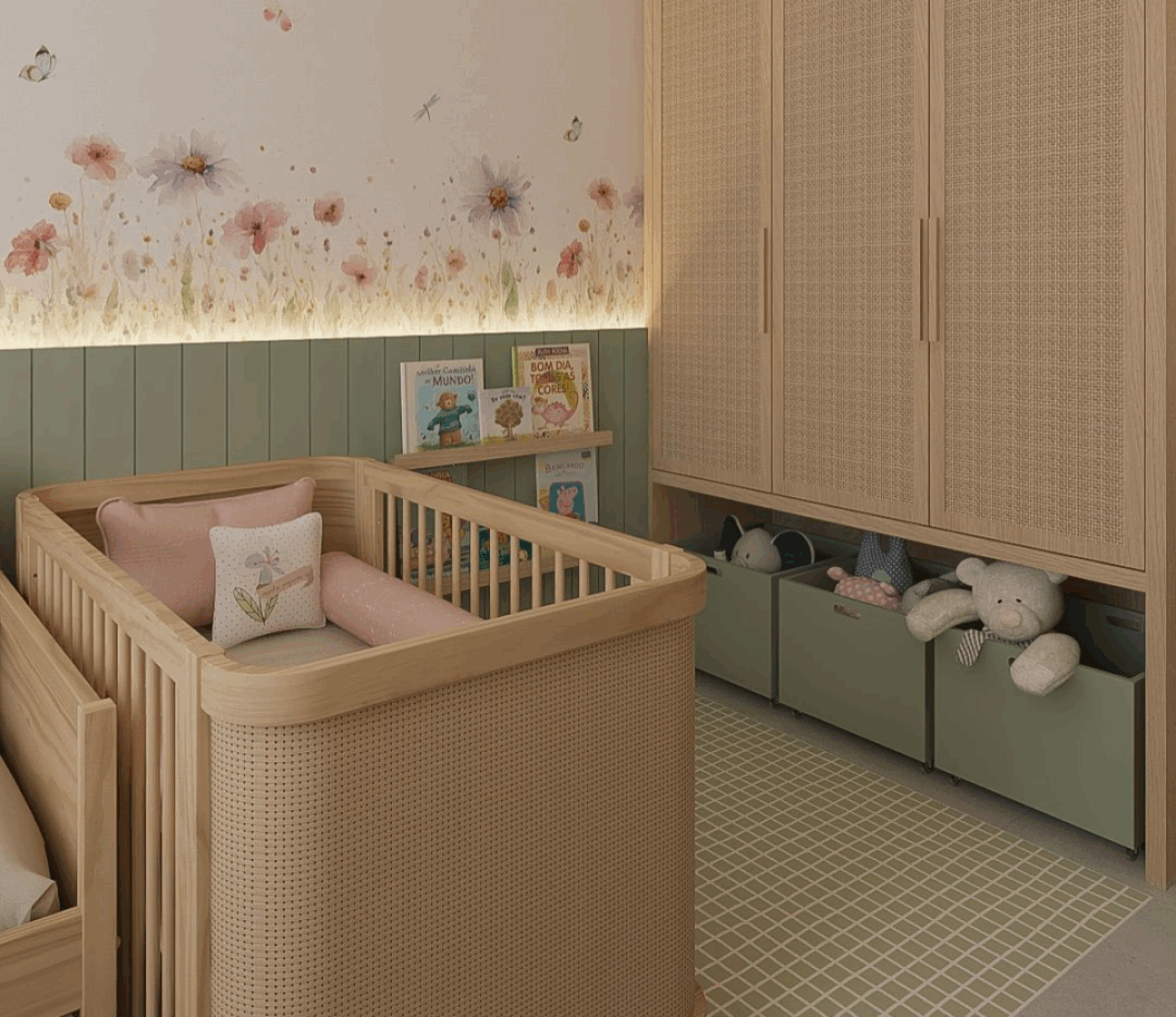 Quarto de bebê com berço de madeira clara, papel de parede floral e tons de verde menta e rosa claro.