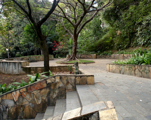  Caminho em pedra no meio de árvores e vegetação no Parque Julien Rien, em Belo Horizonte.