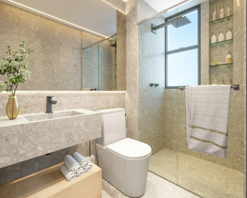 Banheiro com acabamentos sofisticados do apartamento de 2 quartos Aldea Vale do Sereno.