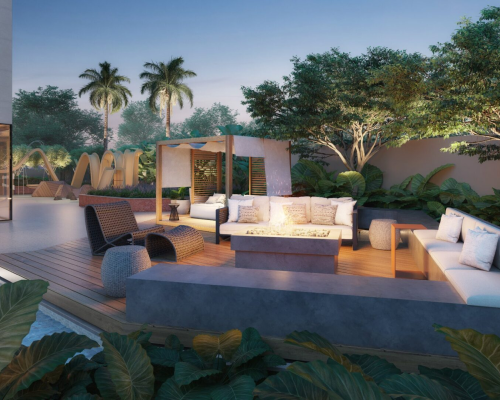 Espaço de convivência externo com lounge e área de lazer no Sollum, Anchieta.