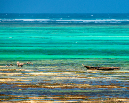 Barcos de madeira sobre águas rasas e coloridas nas praias de Zanzibar, na Tanzânia.