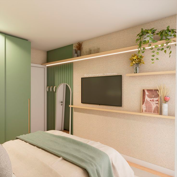 Quarto de casal com as cores pêssego e verde claro