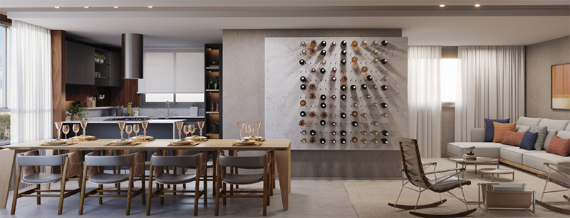 Sala de jantar integrada com cozinha e adega do empreendimento Perlage