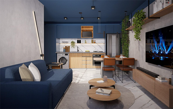 Perspectiva artística do apartamento de 2 quartos com living do ALDEA Bias Fortes