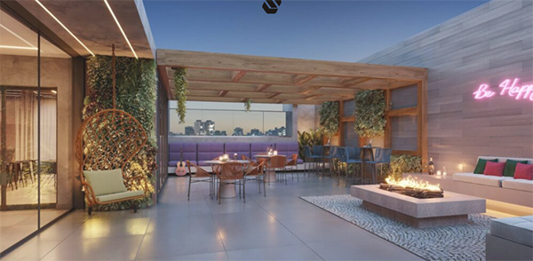 Perspectiva artística do rooftop do ALDEA Bias Fortes