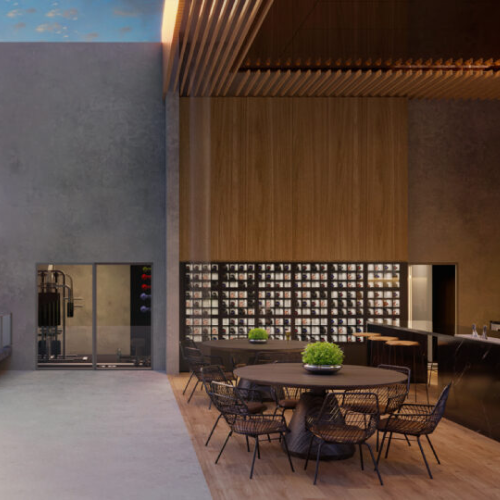 Perspectiva artística da adega climatizada na área gourmet do empreendimento Perlage. 