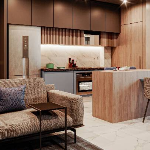 Perspectiva artística do apartamento de 2 quartos do ALDEA Contorno. 