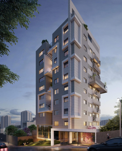 Perspectiva artística da fachada do empreendimento Perlage. 