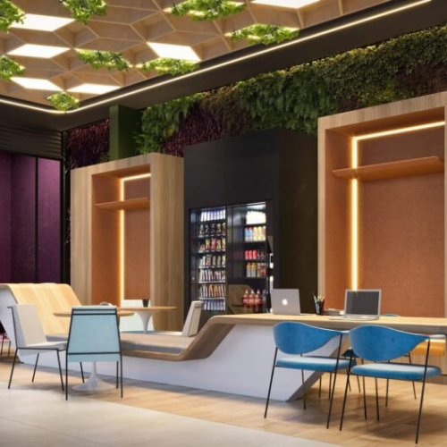 Perspectiva artística do coworking do ALDEA Bias Fortes. 