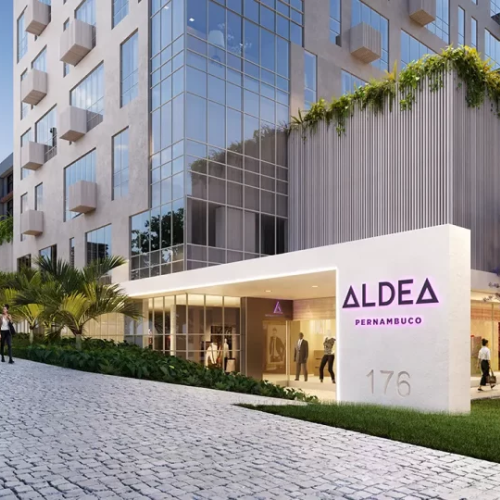 Perspectiva artística da fachada do ALDEA Pernambuco. 