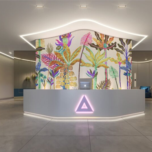 Perspectiva artística do hall de entrada do ALDEA Contorno. 