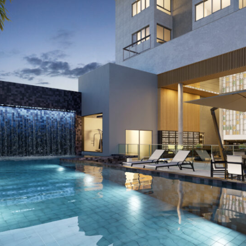 Perspectiva artística da piscina do empreendimento Perlage. 