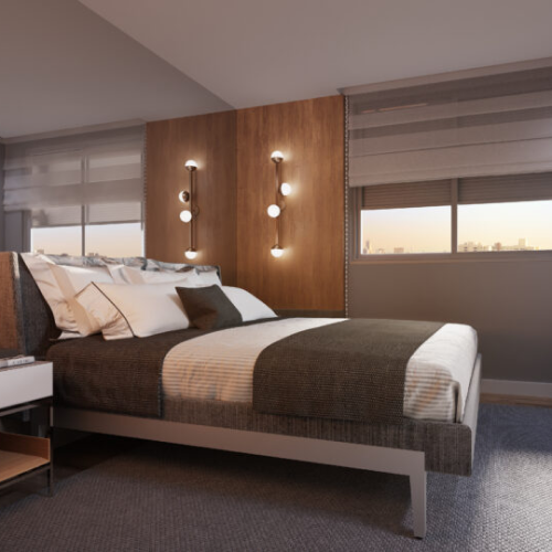 Perspectiva artística do quarto do empreendimento Perlage. 