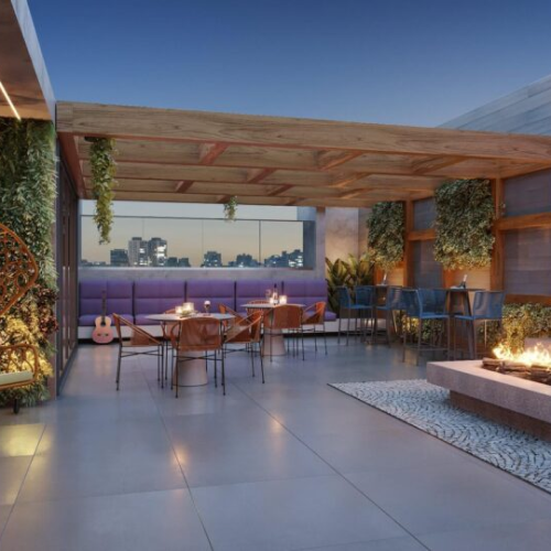 Perspectiva artística do rooftop do empreendimento ALDEA Bias fortes, um espaço pensado para desacelerar no ritmo certo. 