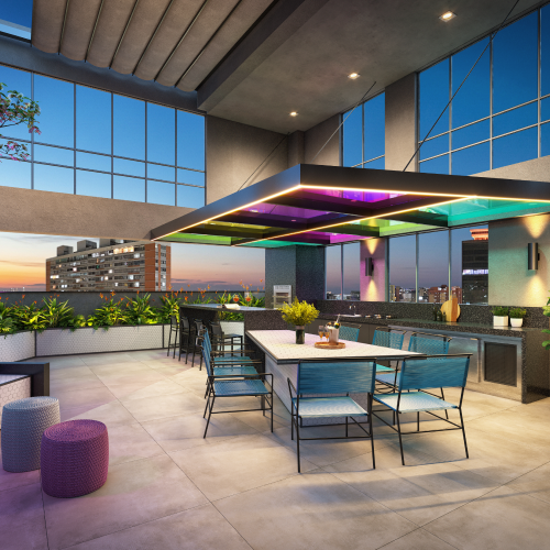 Perspectiva artística do rooftop do empreendimento ALDEA Pernambuco. Um olhar mais alto sobre a cidade, sem abrir mão da tranquilidade.