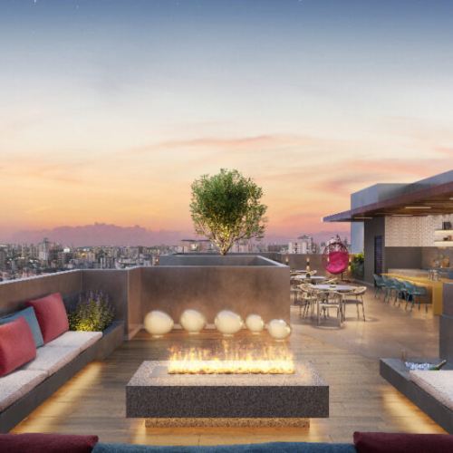 Perspectiva artística do rooftop com fogo de chão do empreendimento ALDEA Contorno, um espaço pensado para conversas longas, noites mais tranquilas e uma relação mais próxima com a cidade.
