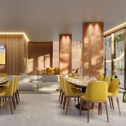 Perspectiva artística do salão de festas do empreendimento Sollum, um ambiente pensado para receber bem.