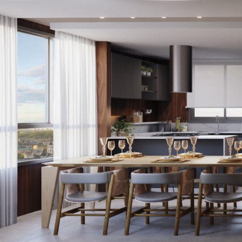 Perspectiva artística da varanda integrada do empreendimento Perlage. 