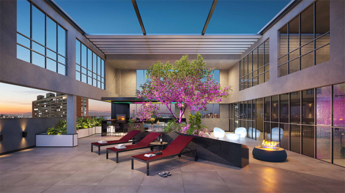 Perspectiva artística do rooftop do empreendimento ALDEA Pernambuco. 