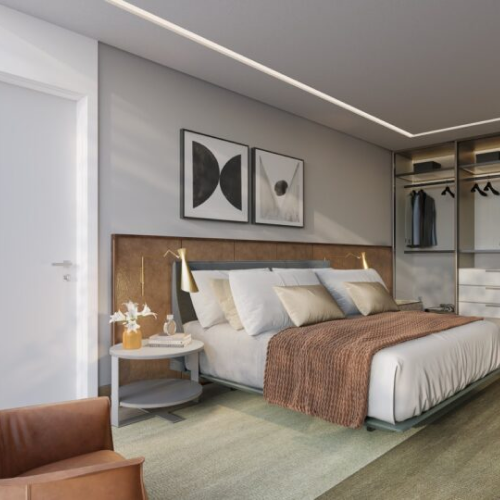 Perspectiva artística do quarto do empreendimento Sollum. 