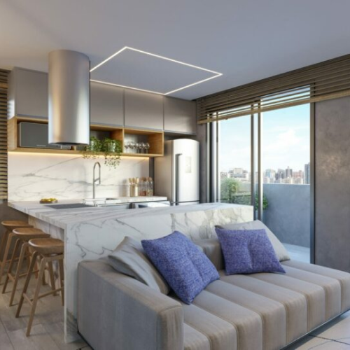 Perspectiva artística da cobertura com sala do empreendimento ALDEA Vale do Sereno. 