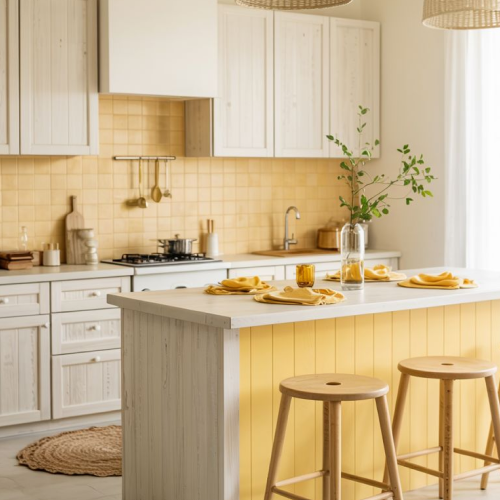 Cozinha com parede, bancada e decoração em tons amarelos.