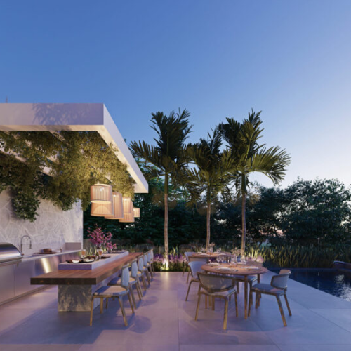 Perspectiva artística da área gourmet do empreendimento BIOS. 