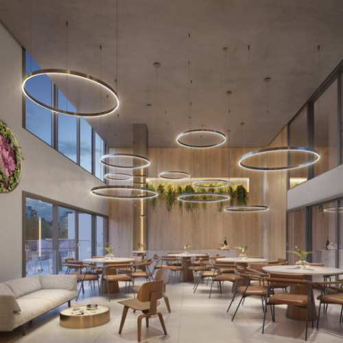 Perspectiva artística do salão de festas do empreendimento Metallo, localizado no bairro Gutierrez. 