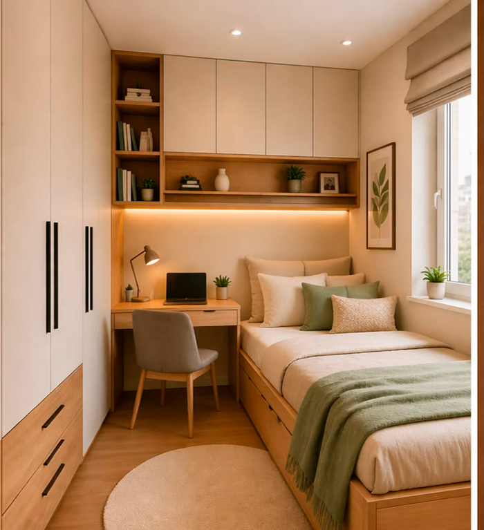 Quarto de adolescente com gaveta embutida na cama