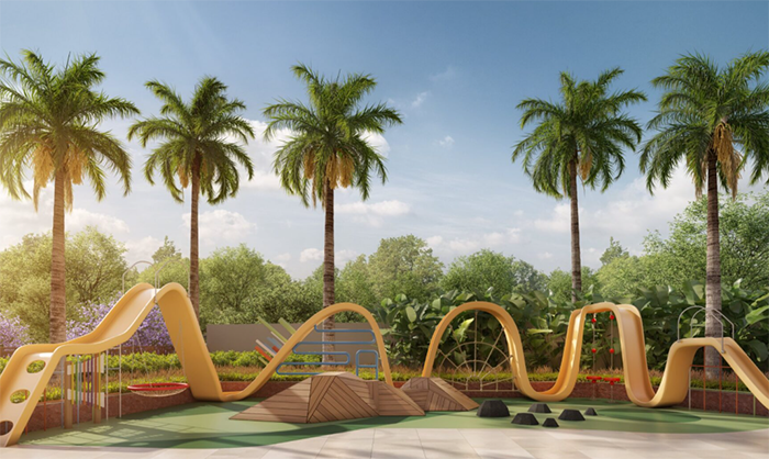 Legenda: Perspectiva artística do playground do Sollum, com integração perfeita entre natureza e construção civil.
