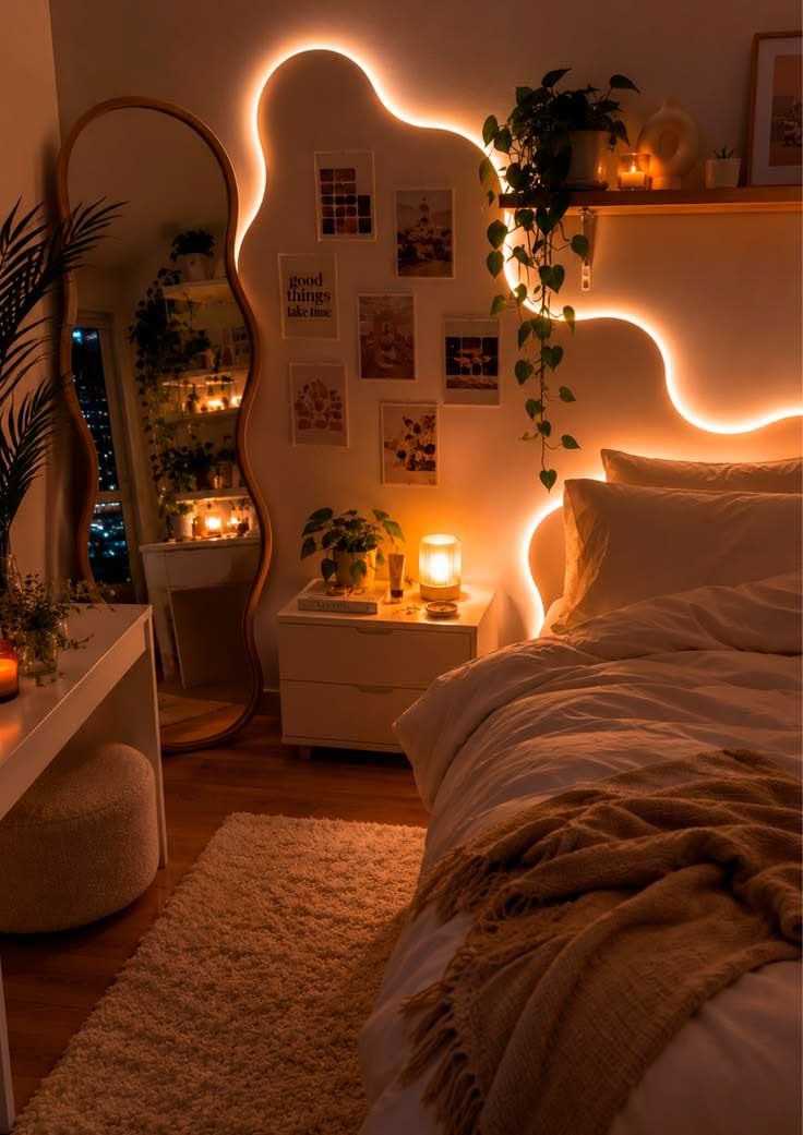 Quarto de adolescente iluminado com abajur e led
