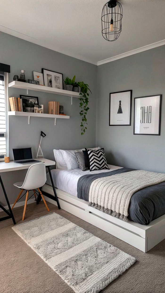 Quarto de adolescente decorado com quadros, plantas e outros objetos