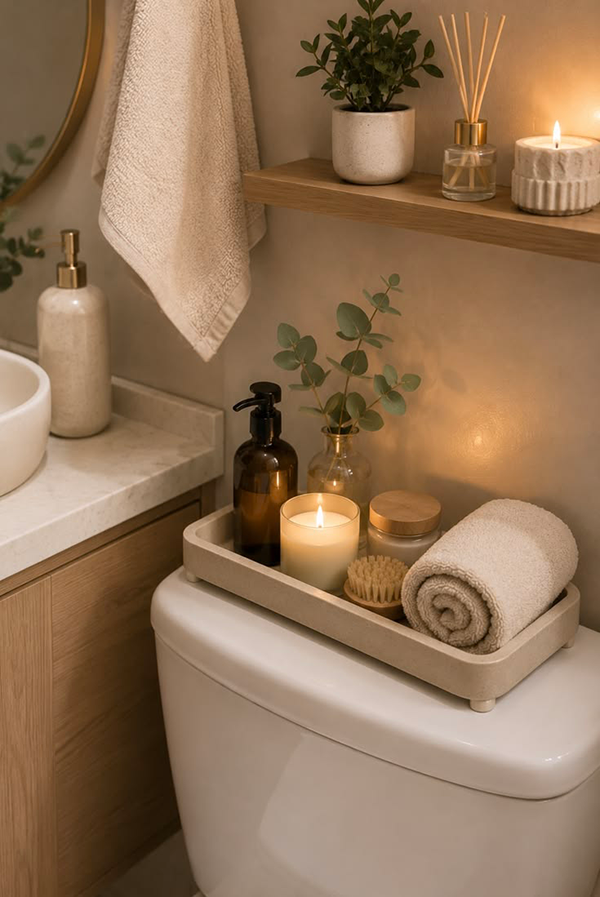 Spa minimalista com poucos itens no banheiro
